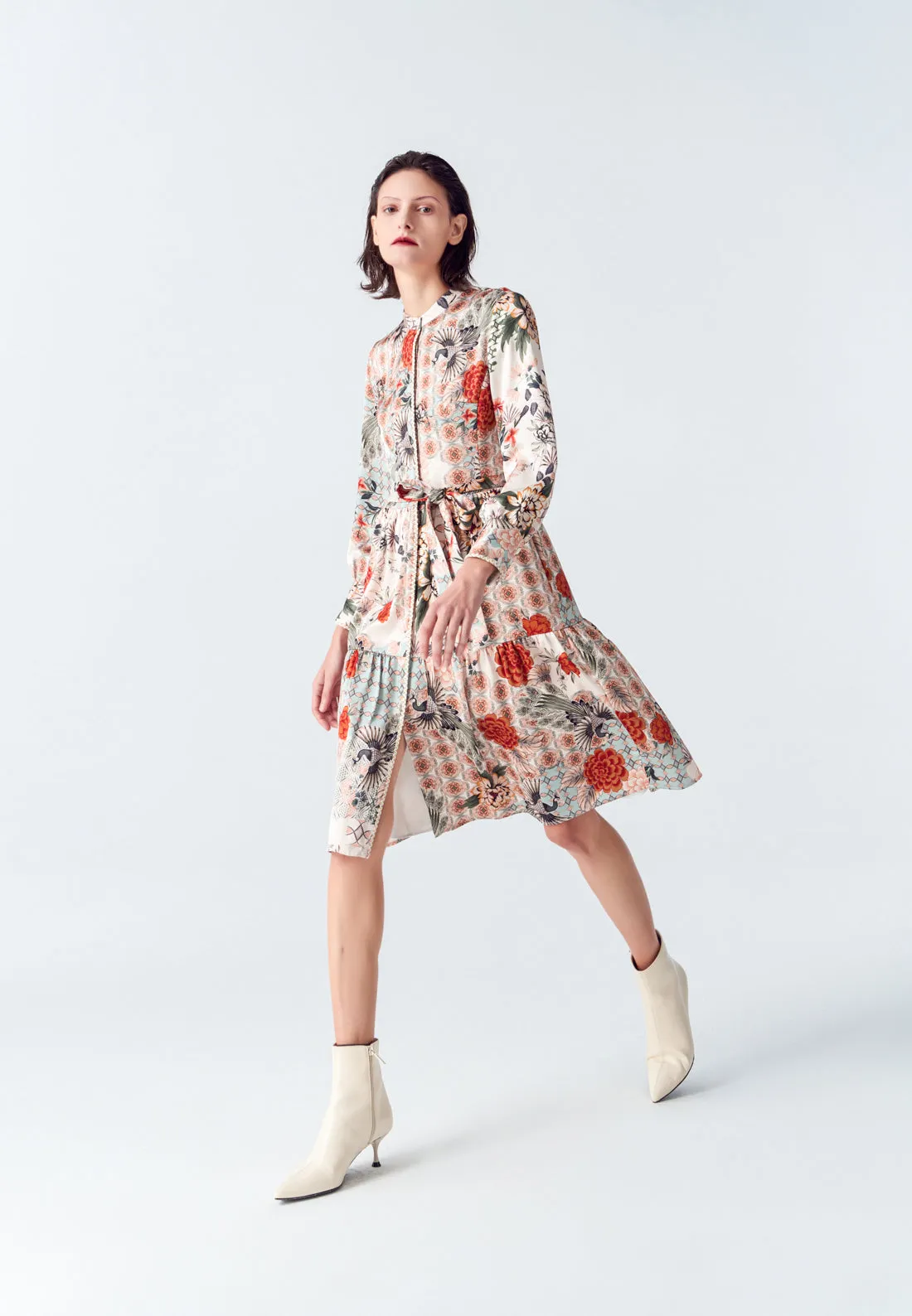 Satin Floral Print Stand Collar Shirt Dress