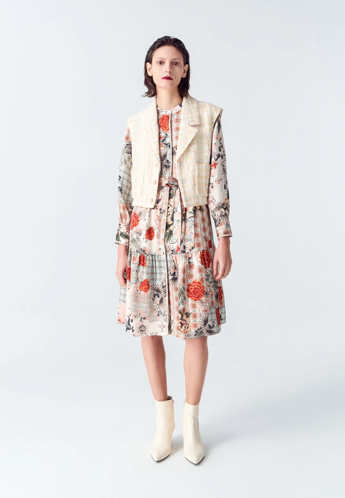 Satin Floral Print Stand Collar Shirt Dress