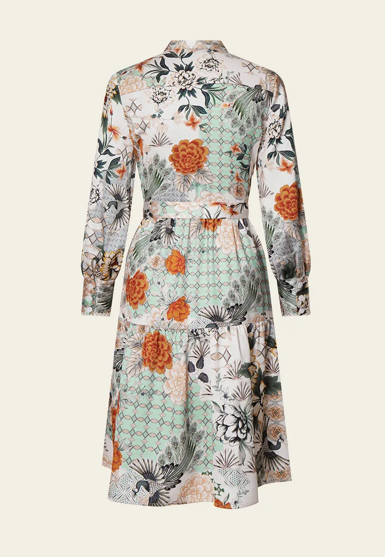 Satin Floral Print Stand Collar Shirt Dress