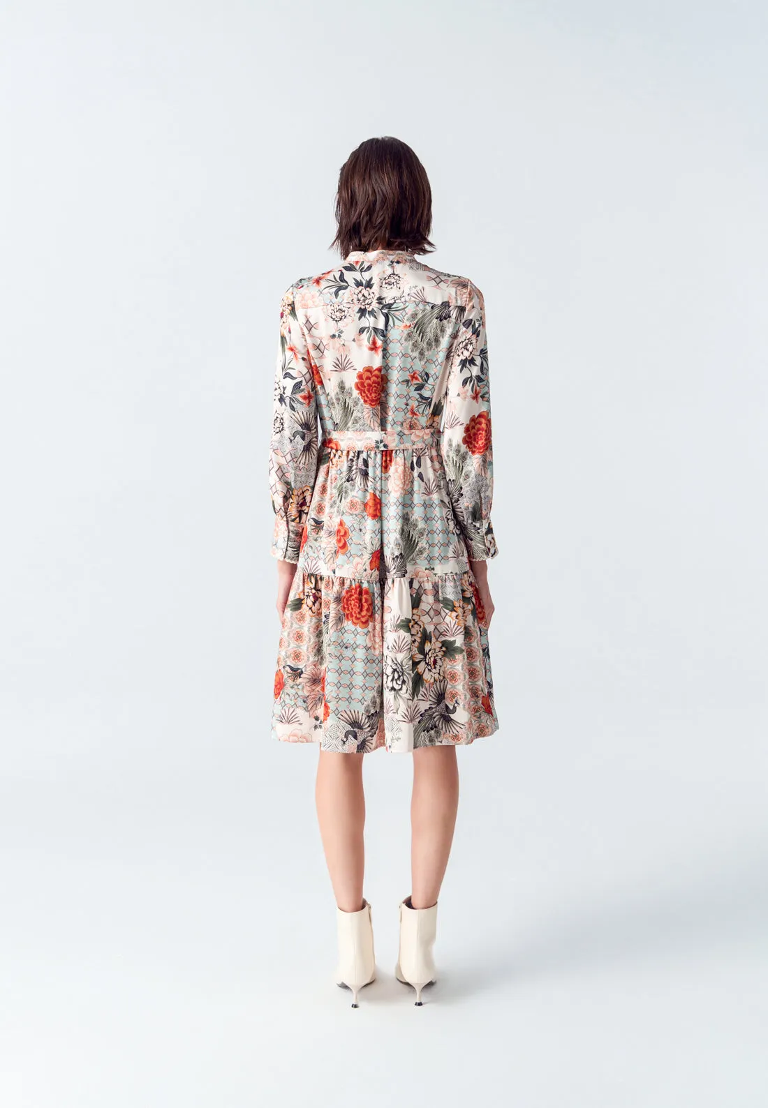 Satin Floral Print Stand Collar Shirt Dress