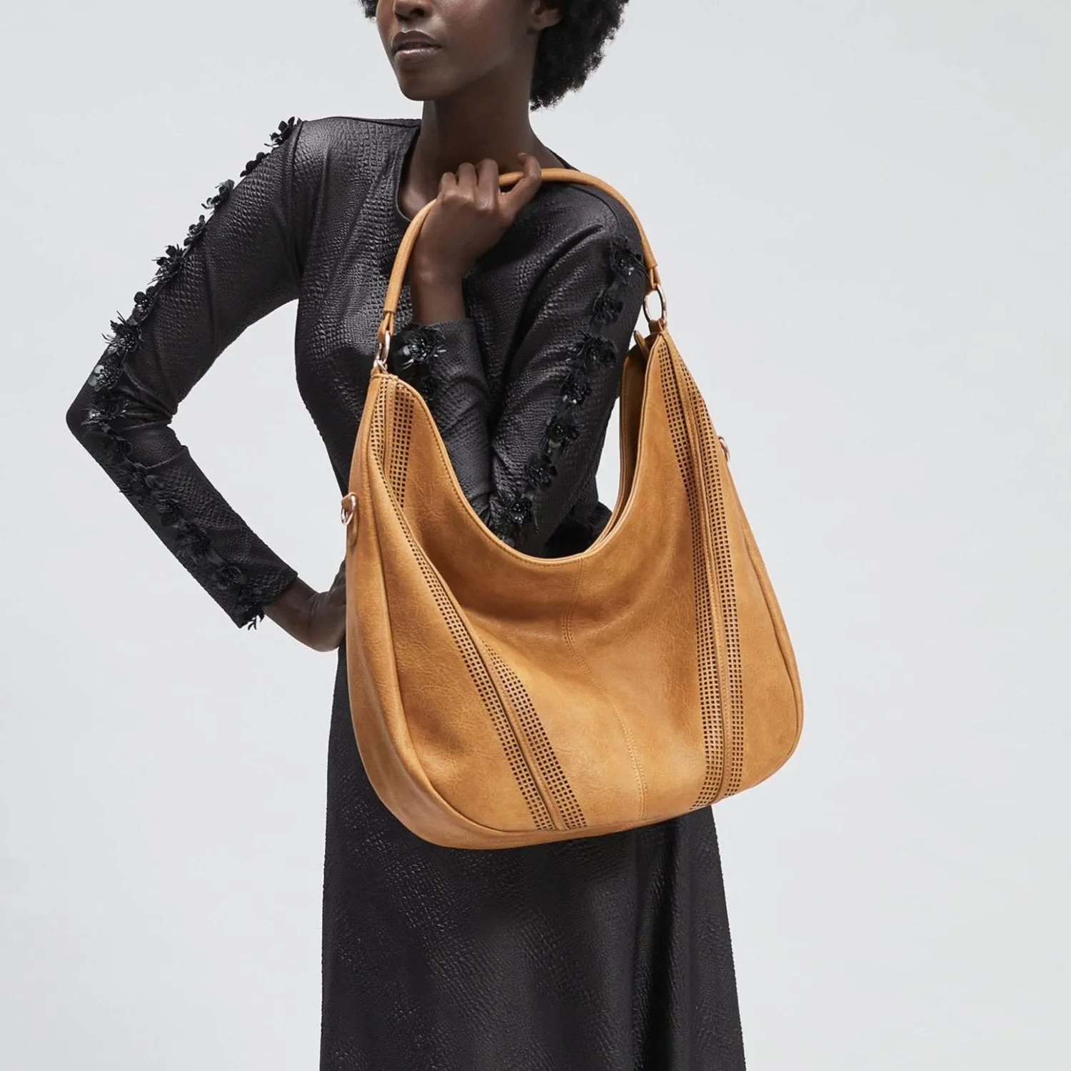 SAVANNAH Perforated Vegan Hobo Bag in Saffron