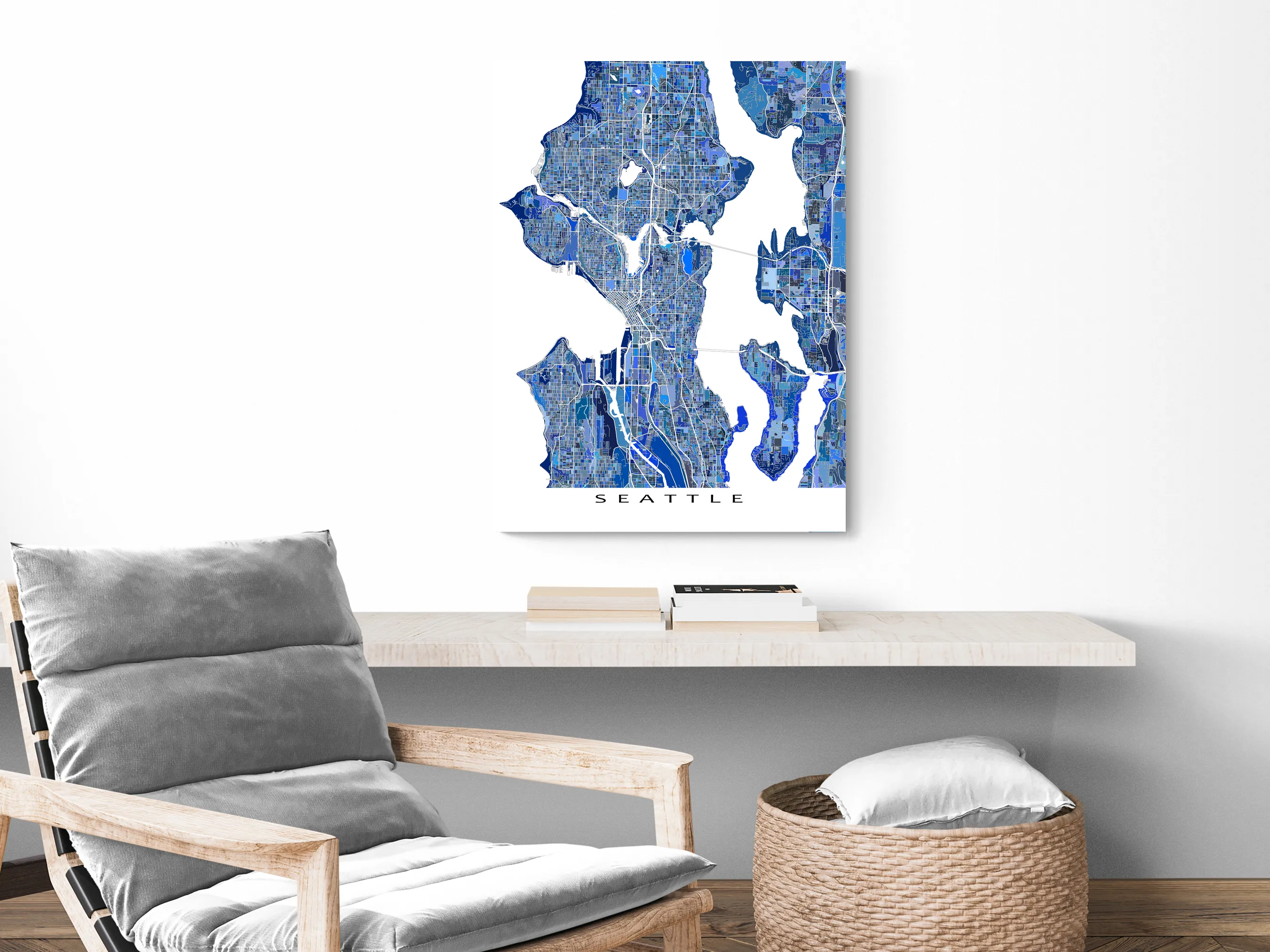 Seattle Map Wall Art Print, Blue Geometric Washington City Poster Street Maps, WA USA