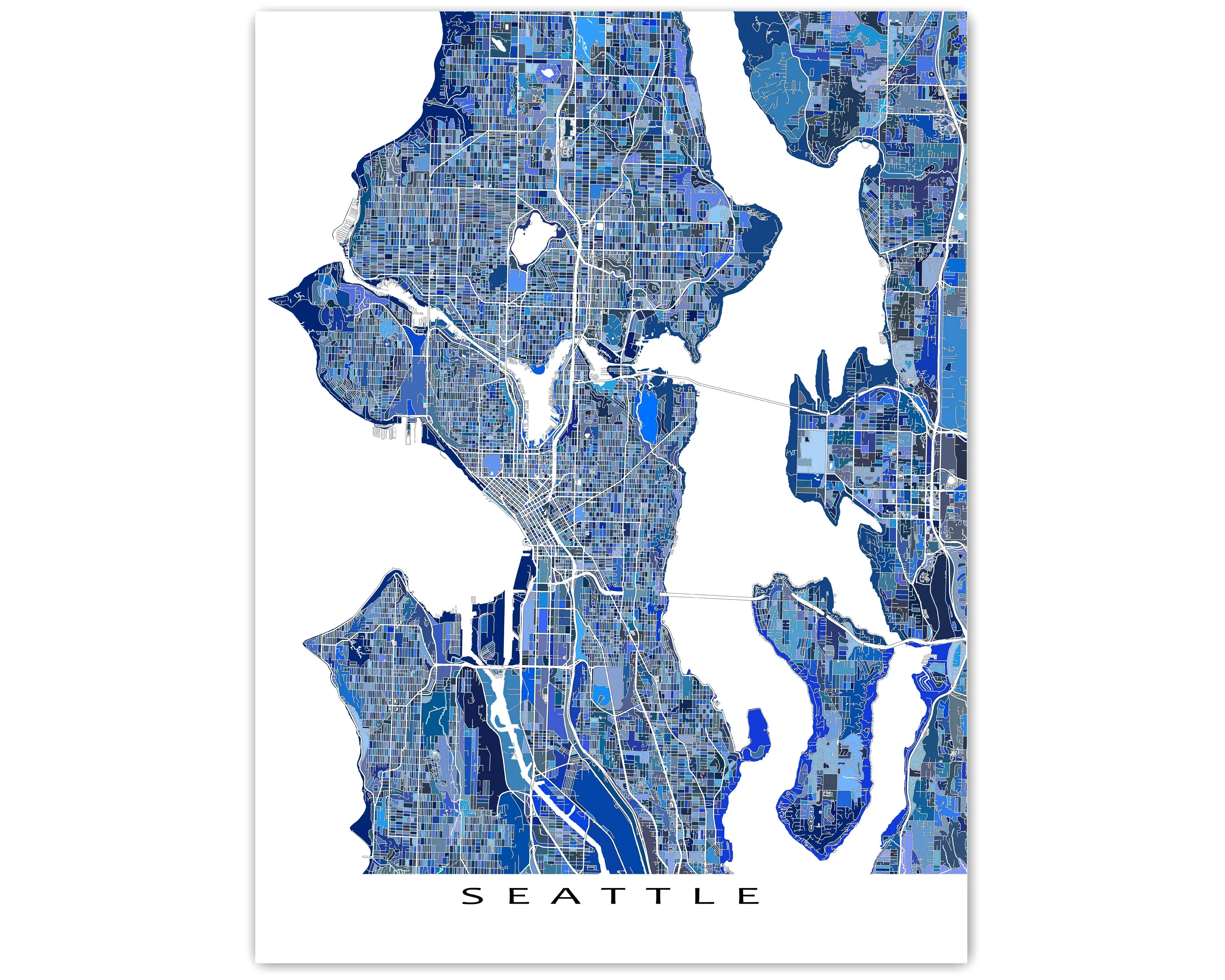 Seattle Map Wall Art Print, Blue Geometric Washington City Poster Street Maps, WA USA