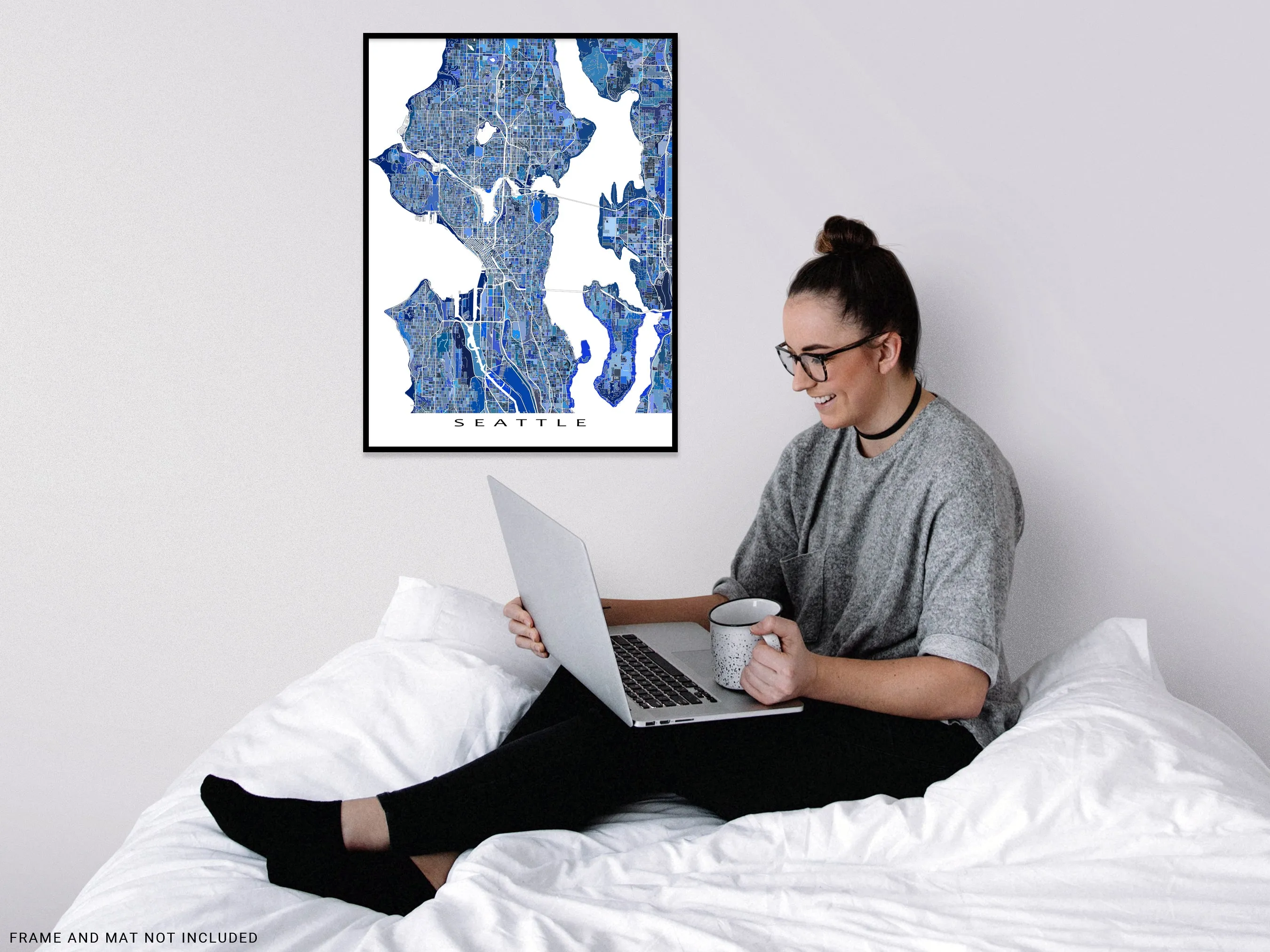 Seattle Map Wall Art Print, Blue Geometric Washington City Poster Street Maps, WA USA