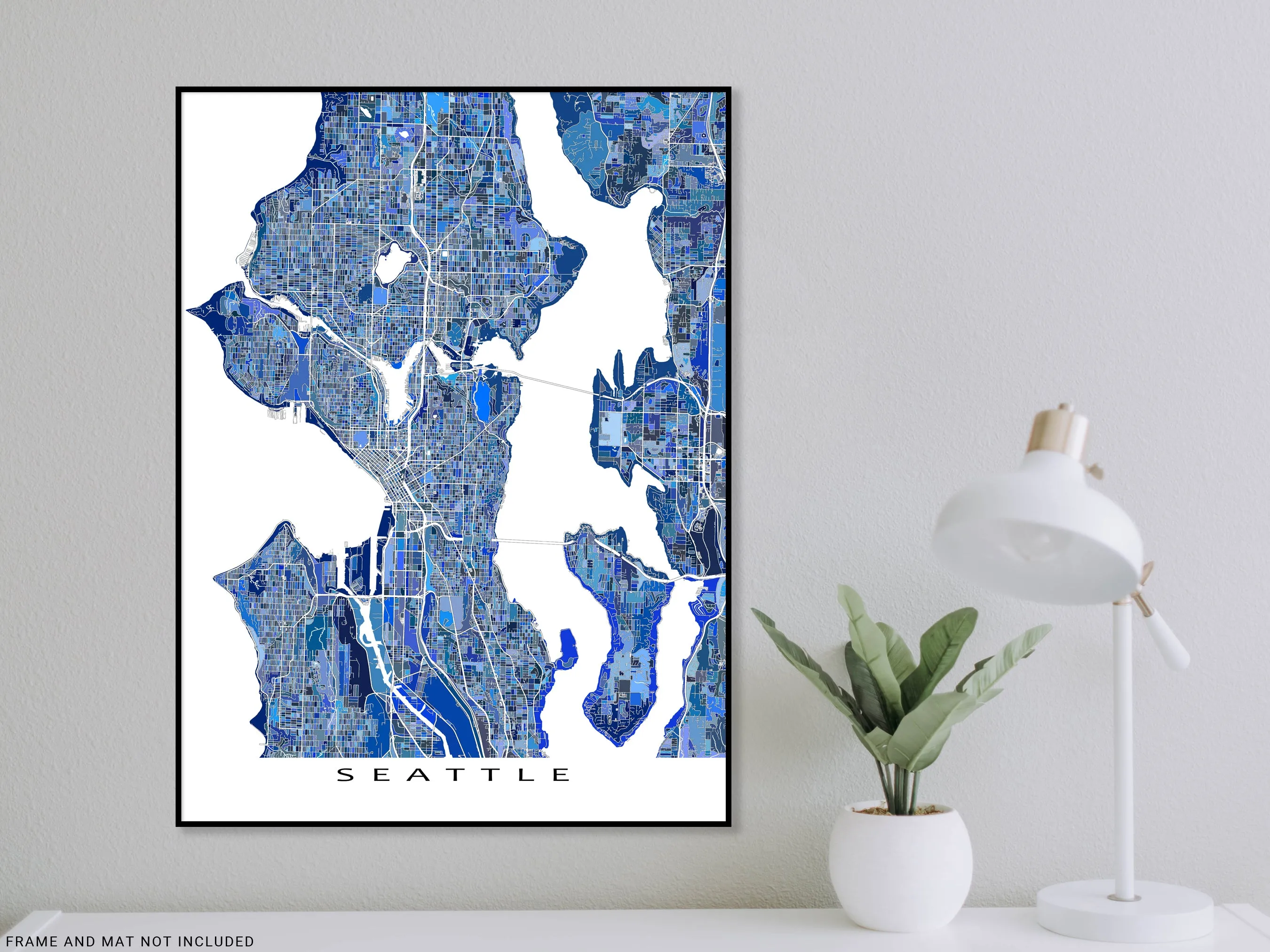 Seattle Map Wall Art Print, Blue Geometric Washington City Poster Street Maps, WA USA