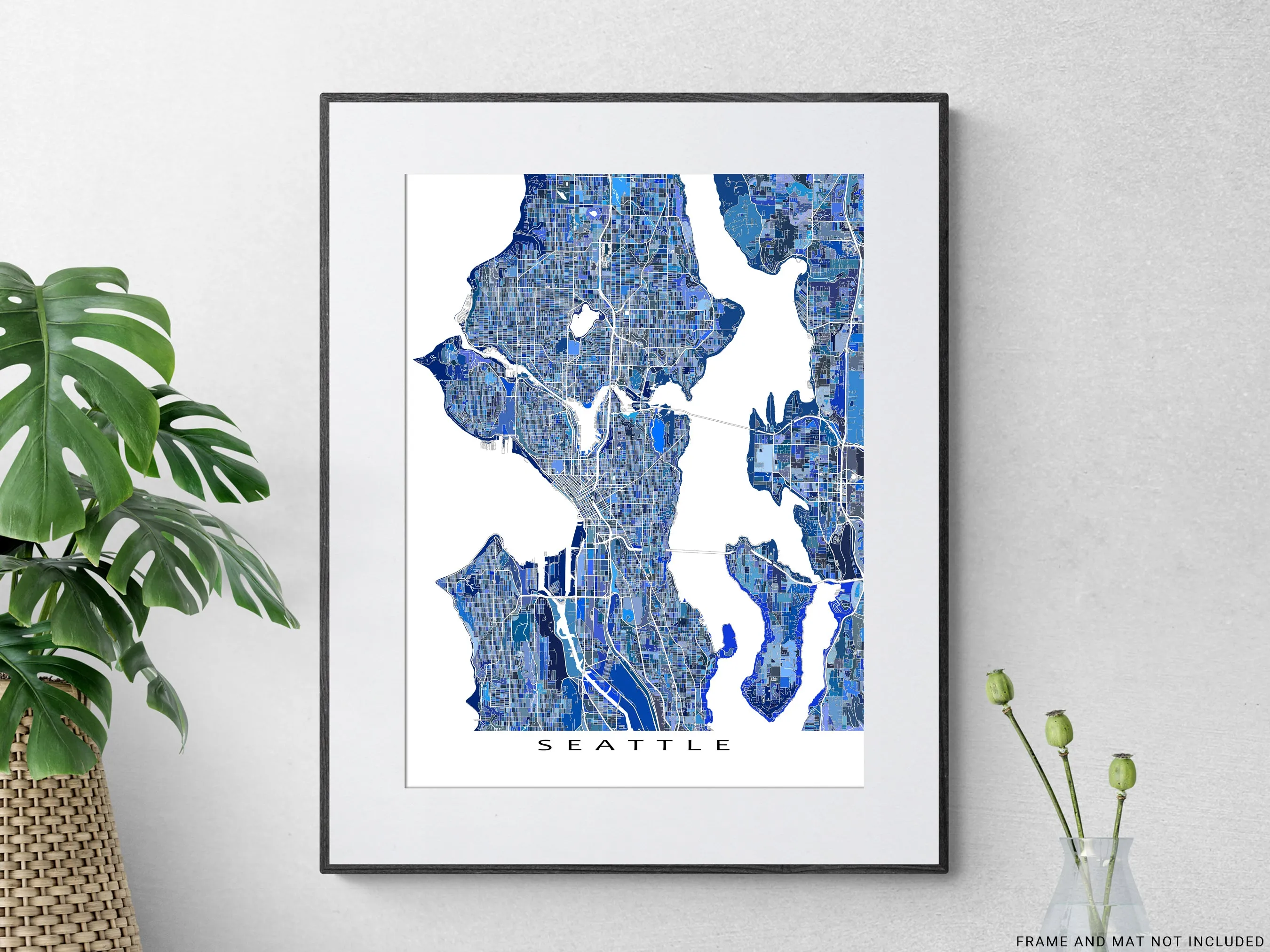 Seattle Map Wall Art Print, Blue Geometric Washington City Poster Street Maps, WA USA