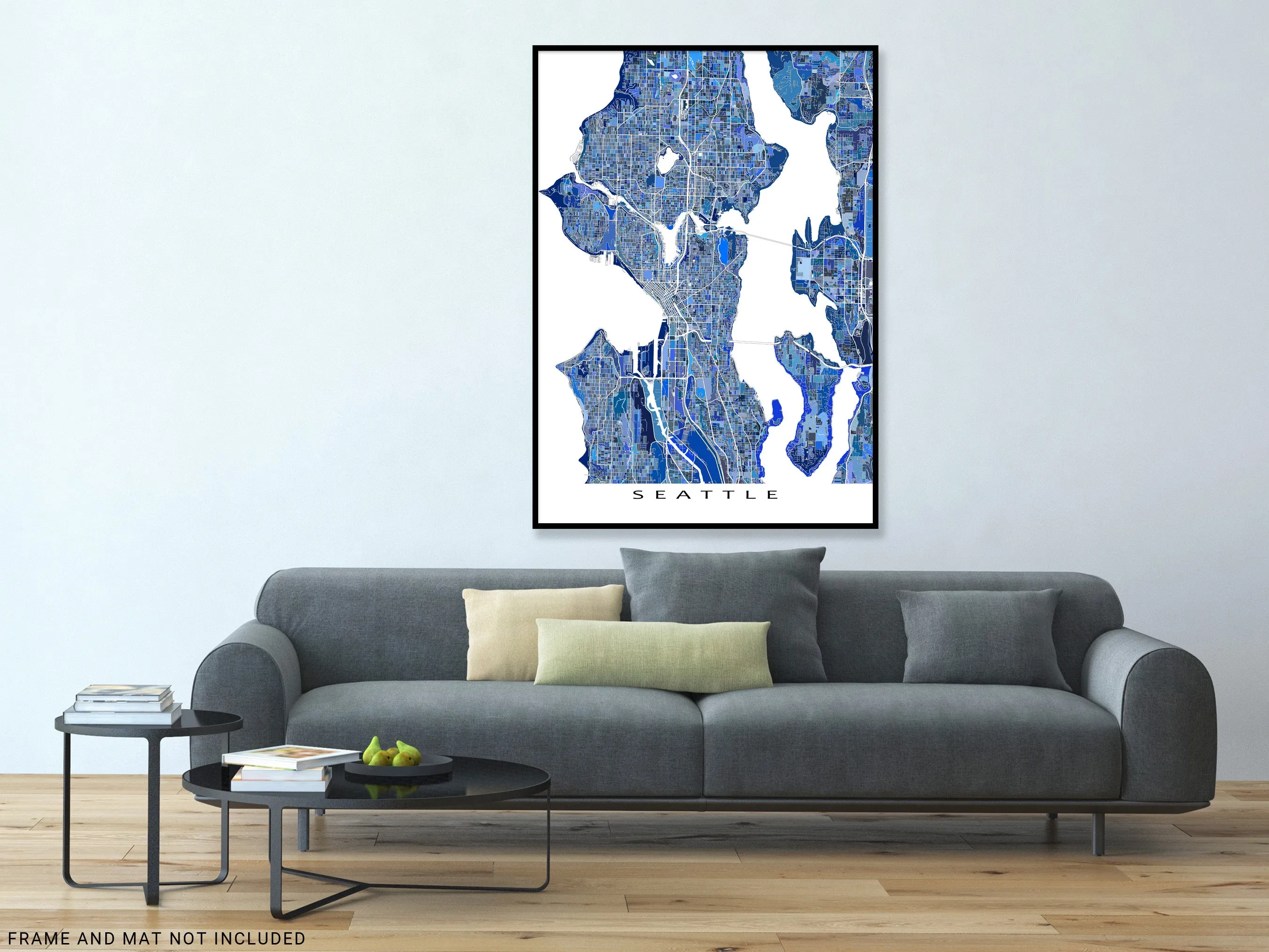 Seattle Map Wall Art Print, Blue Geometric Washington City Poster Street Maps, WA USA