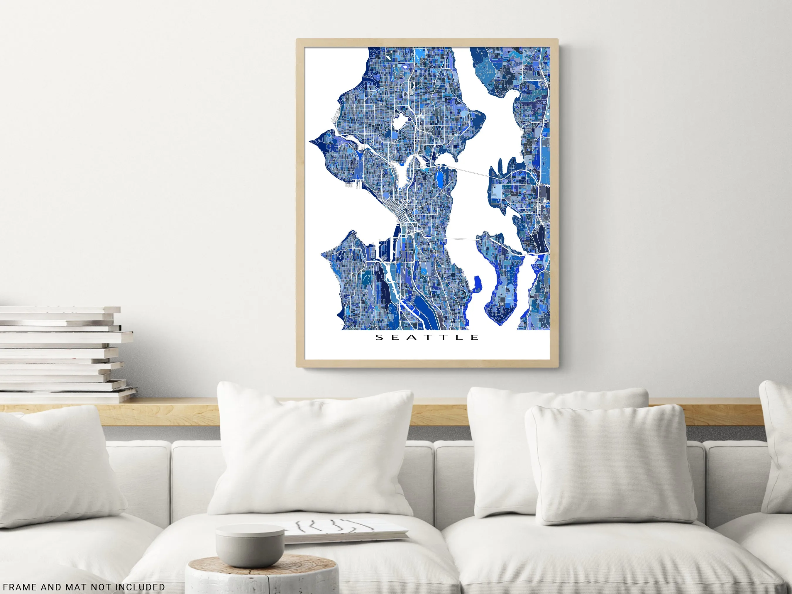 Seattle Map Wall Art Print, Blue Geometric Washington City Poster Street Maps, WA USA