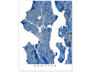 Seattle Map Wall Art Print, Blue Geometric Washington City Poster Street Maps, WA USA