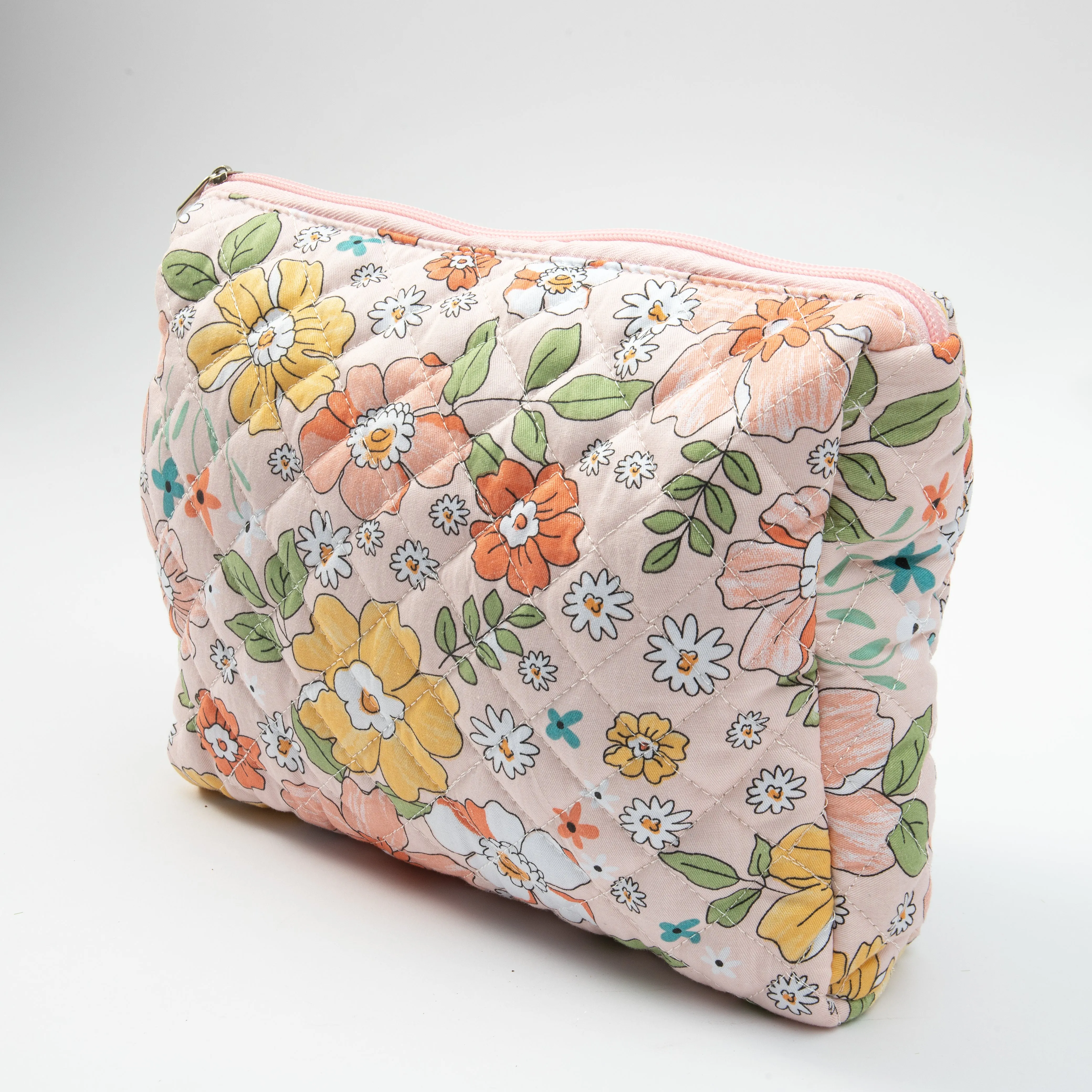 Small Cosmetic Bag With Floral Quilted Makeup Pouch - Travel Toiletry Organizer