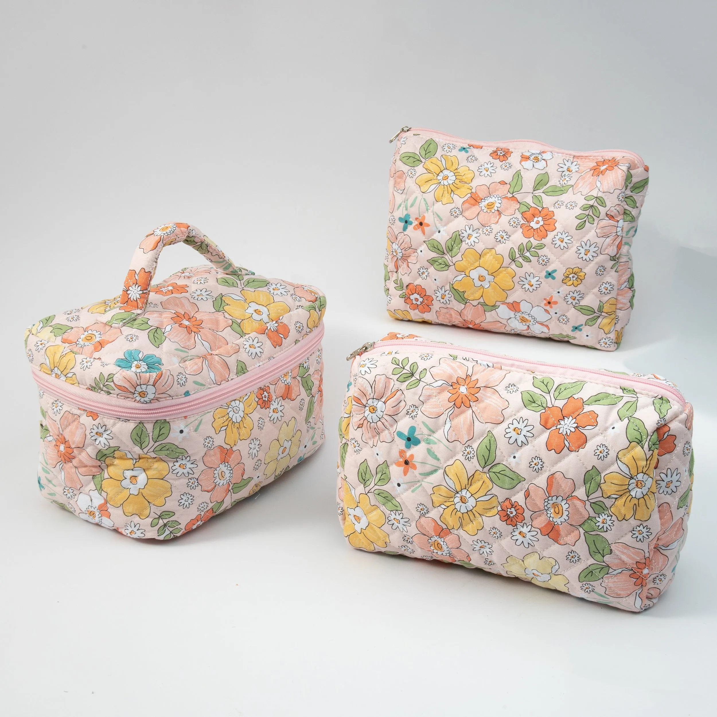 Small Cosmetic Bag With Floral Quilted Makeup Pouch - Travel Toiletry Organizer