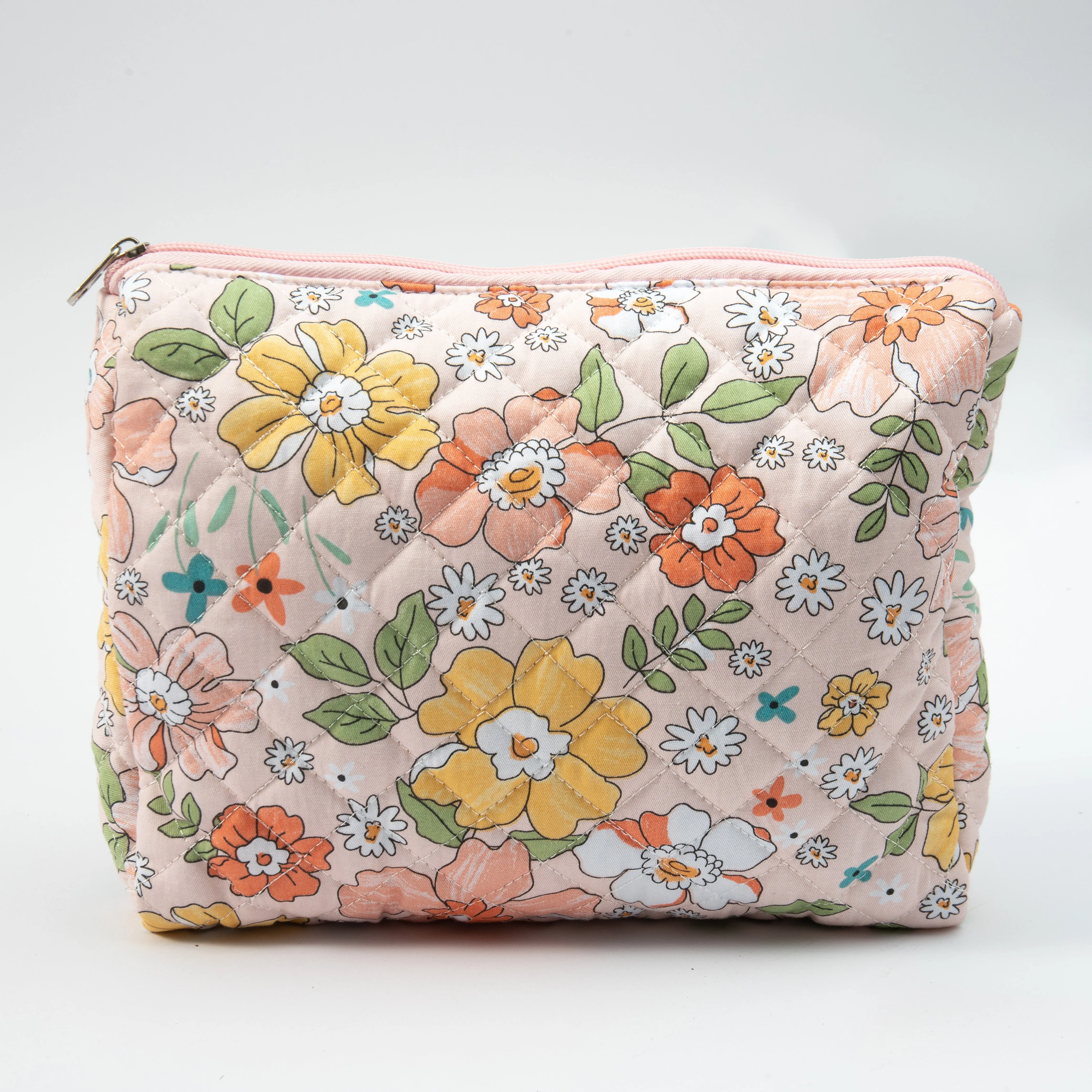 Small Cosmetic Bag With Floral Quilted Makeup Pouch - Travel Toiletry Organizer