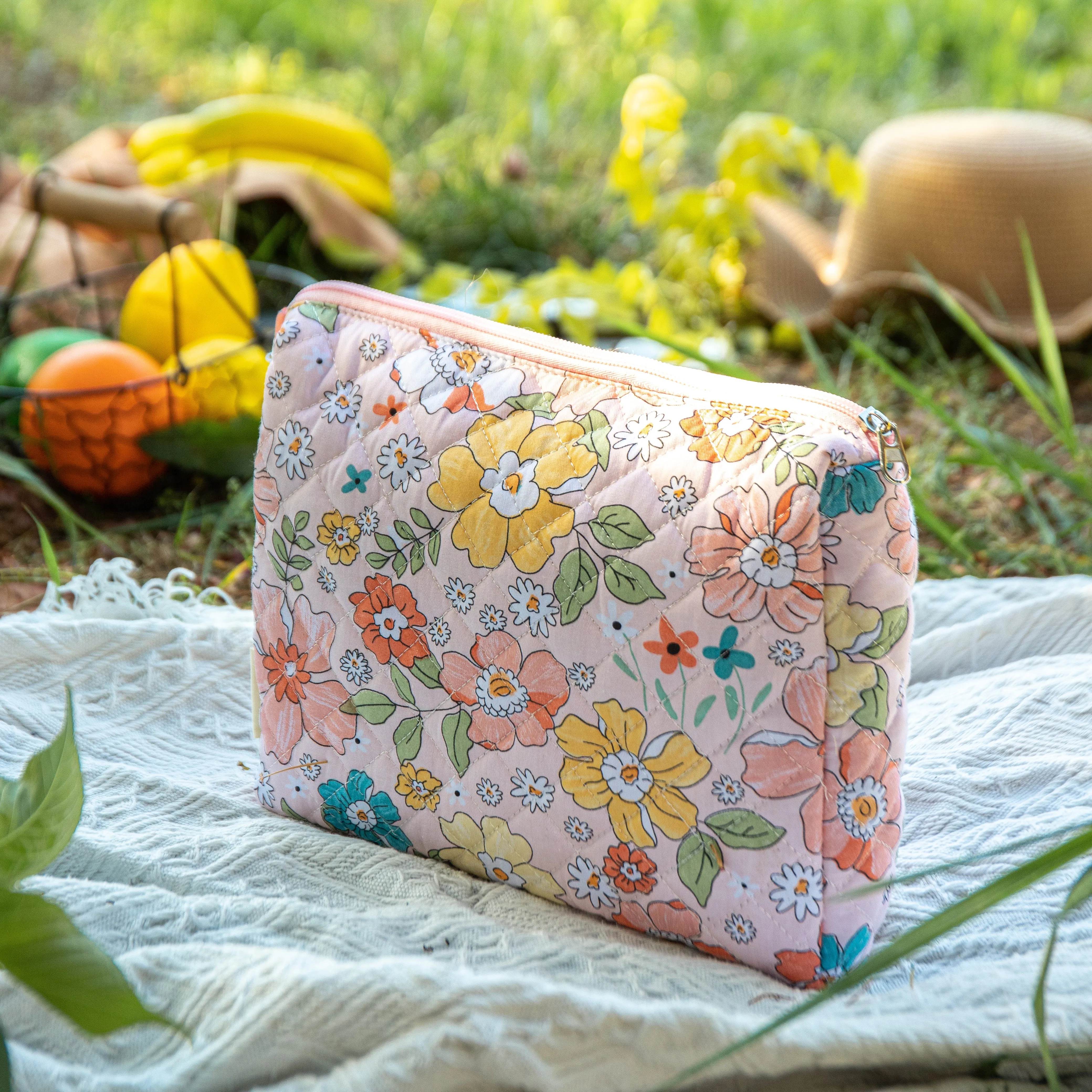 Small Cosmetic Bag With Floral Quilted Makeup Pouch - Travel Toiletry Organizer