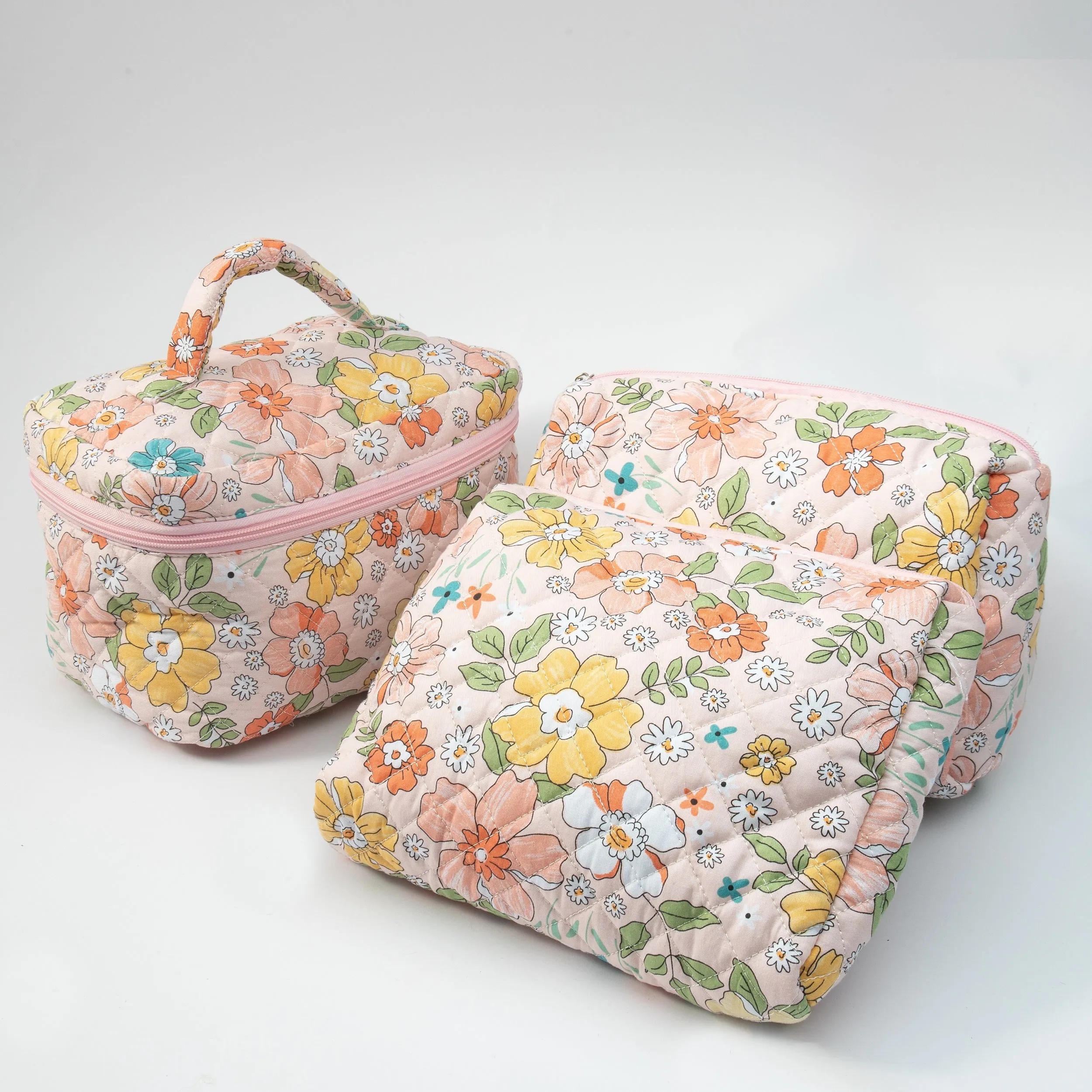 Small Cosmetic Bag With Floral Quilted Makeup Pouch - Travel Toiletry Organizer