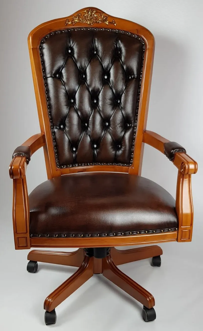 Solid Wood Frame High Back Real Brown Leather Chesterfield Captains Chair - HSN-CPT-02