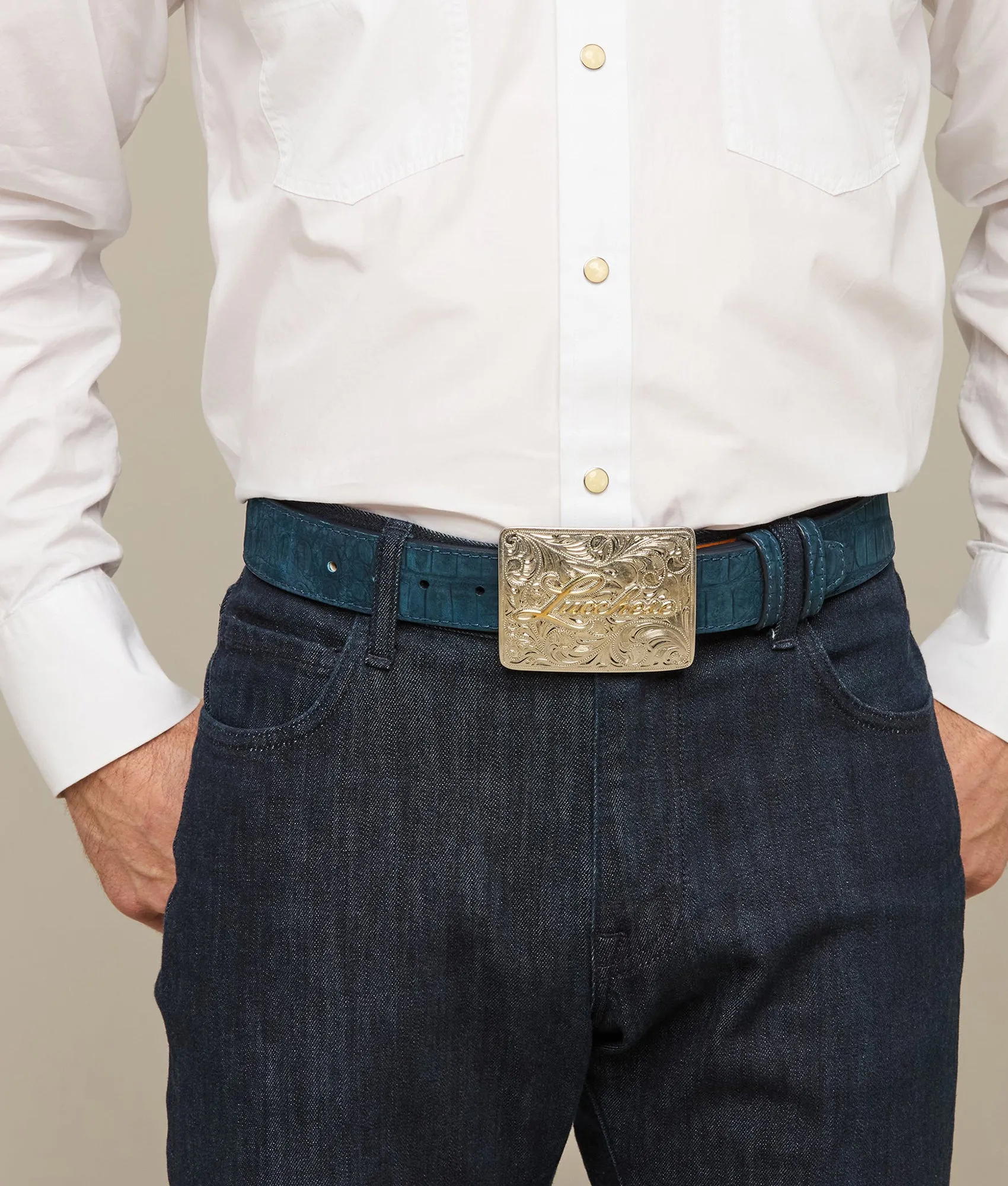 Sueded Caiman Memento Belt :: Navy