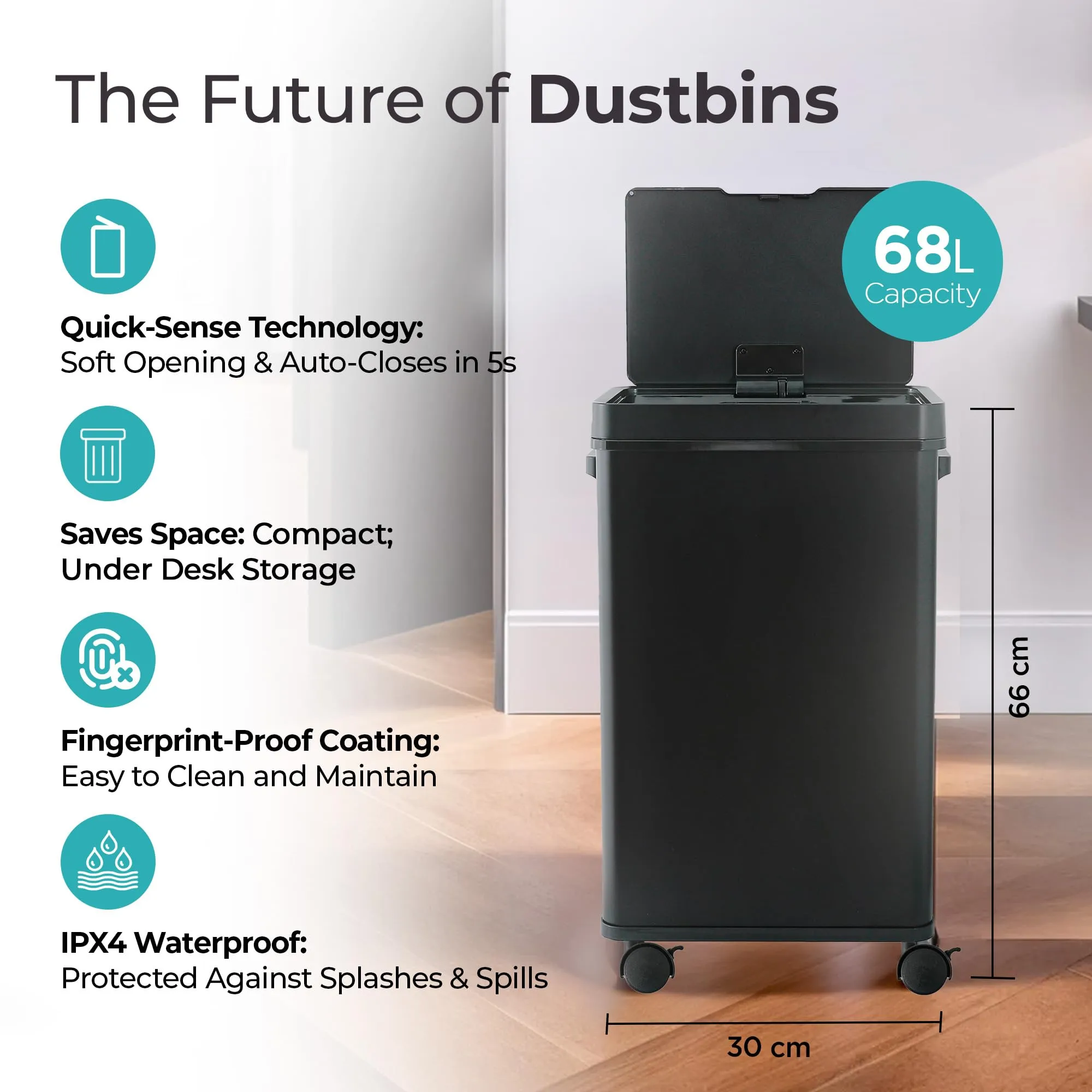 The Better Home 68L Dustbin For Kitchen | Dustbin For Bathroom | 65.5 cm Automatic Smart Sensor Dustbin For Bedroom | Steel Dustbin With Lid | Dustbin For Office | Garbage Bin - Black