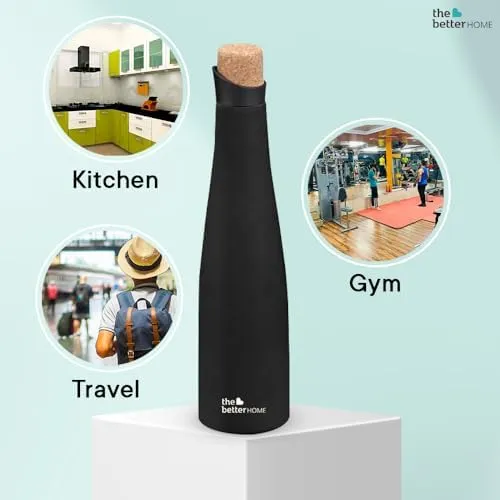 The Better Home Insulated Stainless Steel Water Bottle 750ml | 18 Hours Insulation Cork Cap | Hot Cold Gym Office School | Airtight Leak Proof BPA Free | Black Colour | 1 Bottle Pack