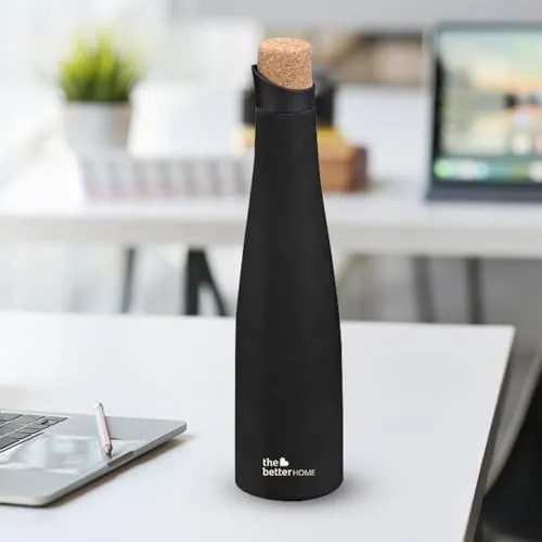 The Better Home Insulated Stainless Steel Water Bottle 750ml | 18 Hours Insulation Cork Cap | Hot Cold Gym Office School | Airtight Leak Proof BPA Free | Black Colour | 1 Bottle Pack