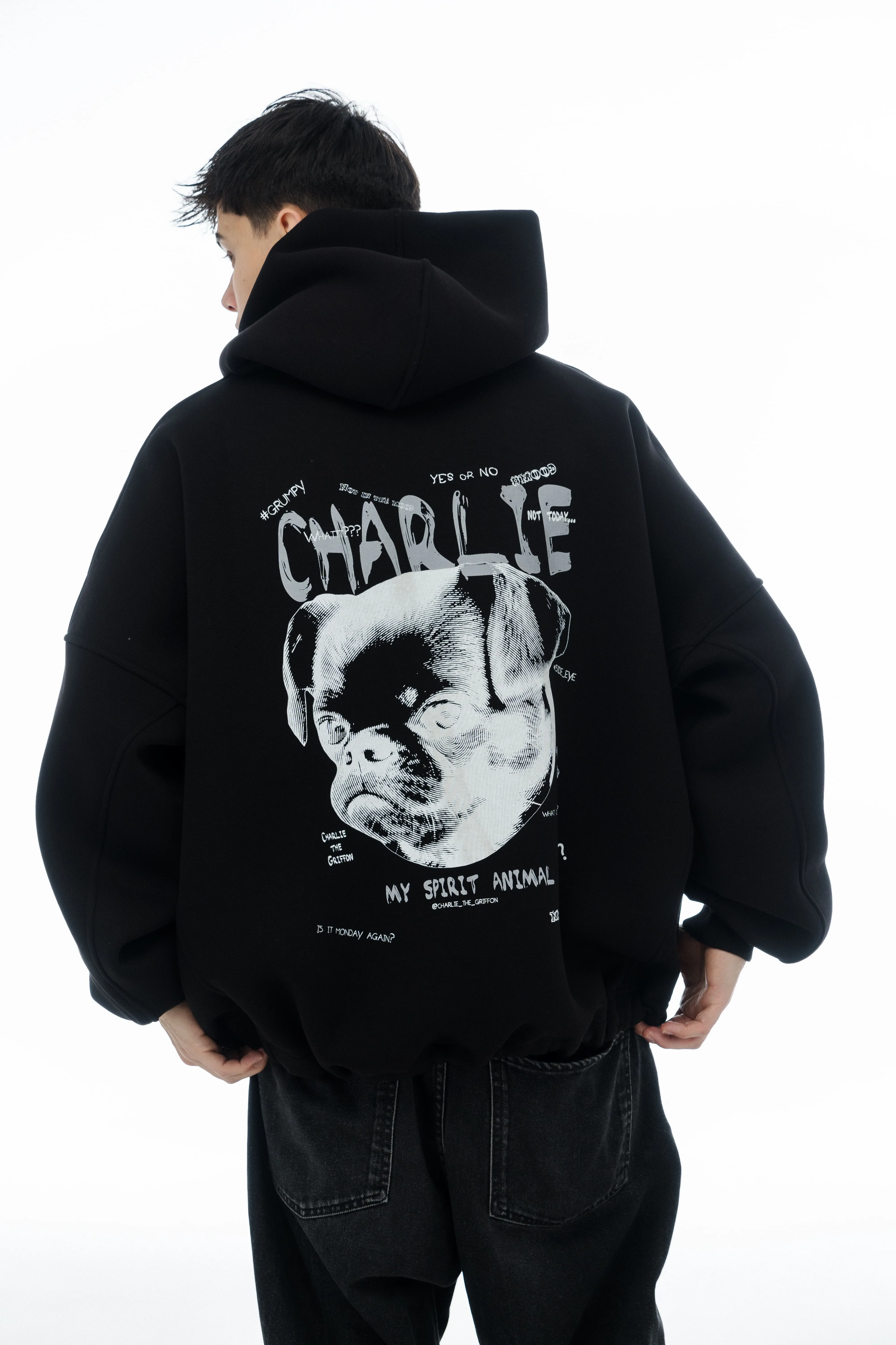 Unisex Oversized Hoodie with Exclusive Charlie Griffon Print - Black Color