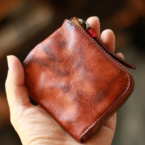 Vintage Handmade Leather Zipper Cards Holder Coin Wallet