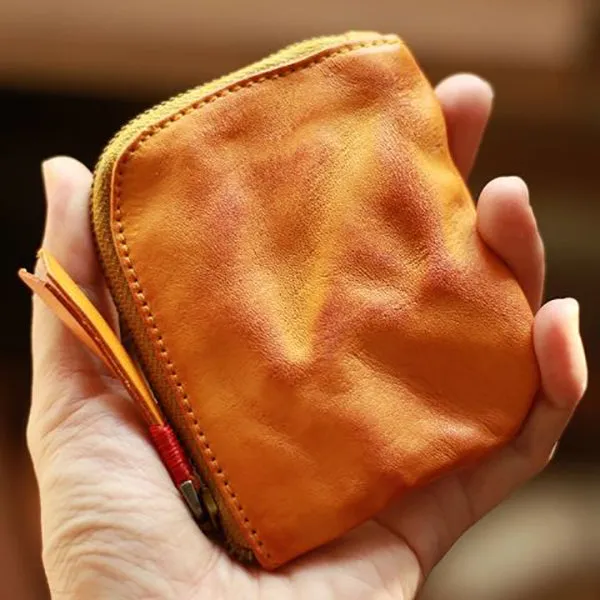 Vintage Handmade Leather Zipper Cards Holder Coin Wallet