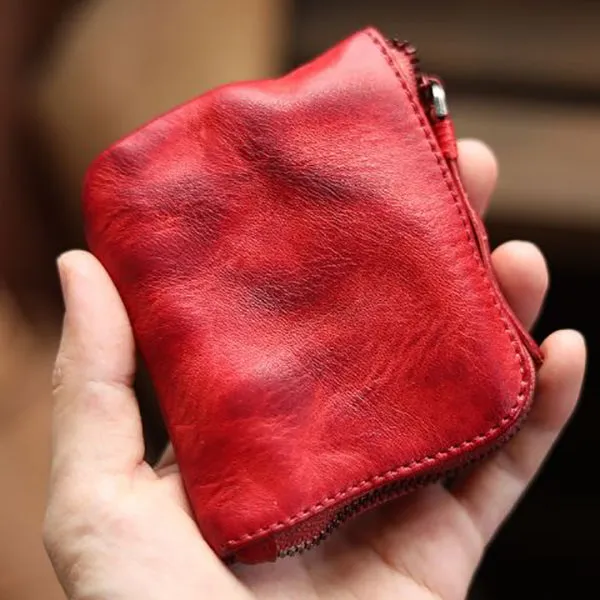 Vintage Handmade Leather Zipper Cards Holder Coin Wallet