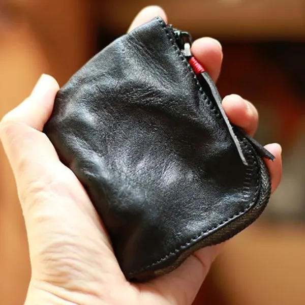 Vintage Handmade Leather Zipper Cards Holder Coin Wallet