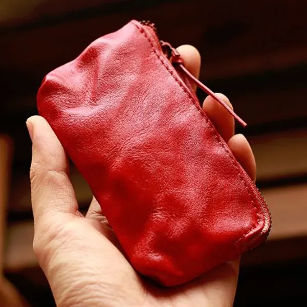 Vintage Handmade Leather Zipper Cards Holder Coin Wallet