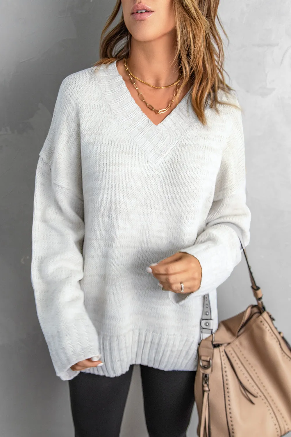 White V neck Drop Shoulder Knitted Sweater