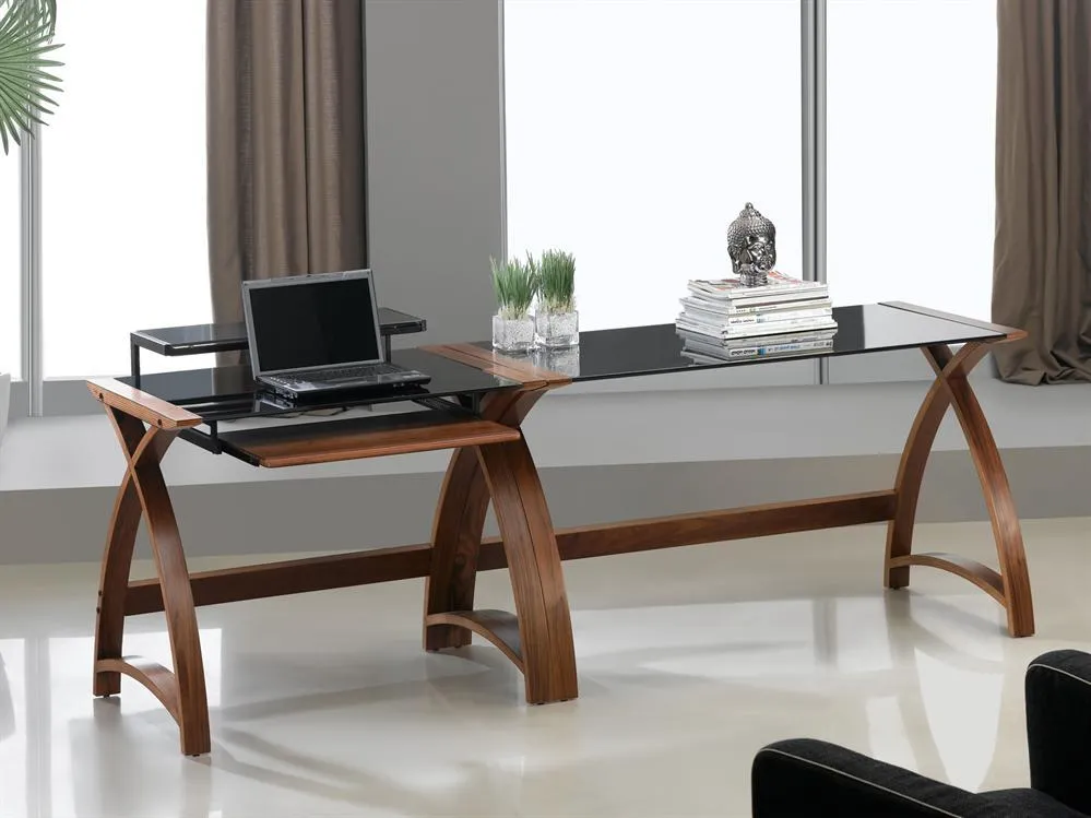 Wide Glass Office Desk Walnut & Black PC201-EXT