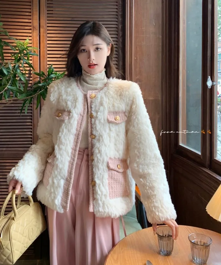 Winter Luxury Elegant Chic Plush White Tweed Pink Jacket