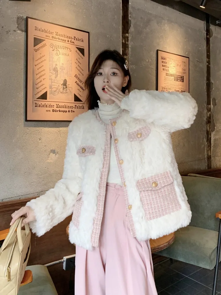 Winter Luxury Elegant Chic Plush White Tweed Pink Jacket