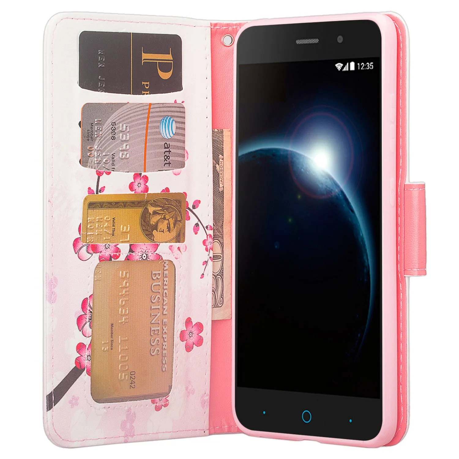 ZTE Sequoia | Blade Z Max | ZTE Z982 Case, Wrist Strap Pu Leather Magnetic Flip[Kickstand] Wallet Case Cover with ID & Card Slots - Cherry Blossom